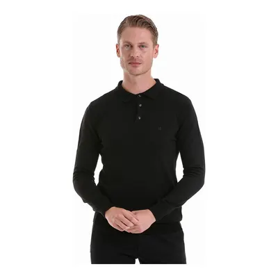 Siyah Regular Fit Düz Polo Yaka Triko Kazak