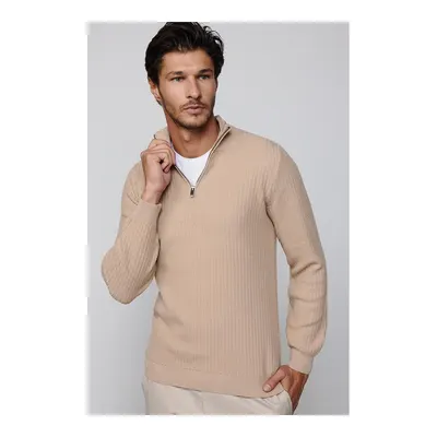 Slim Fit Dar Kesim Dik Yaka Fermuarlı Desenli Bej Erkek Triko Kazak