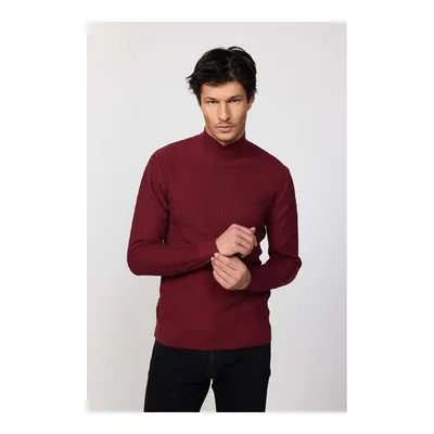 Slim Fit Dar Kesim Yarım Balıkçı Yaka Desenli Tüylenmeyen Bordo Erkek Triko Kazak