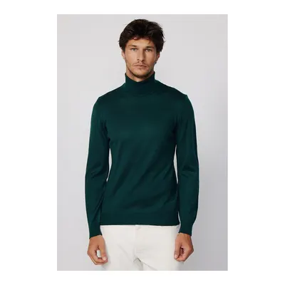 Erkek Slim Fit Tam Boğazlı Yaka Düz Yün Yeşil Triko Kazak