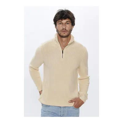 Erkek Slim Fit Dar Kesim Dik Yaka Fermuarlı Bej Triko Kazak