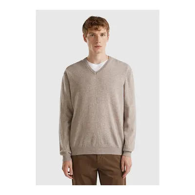 United Colors Of Benetton Erkek Bej Melanj V Yaka %100 Merino Kazak