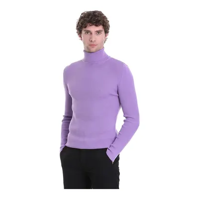 Lila Slim Fit Fitilli Balıkçı Yaka Yünlü Triko Kazak