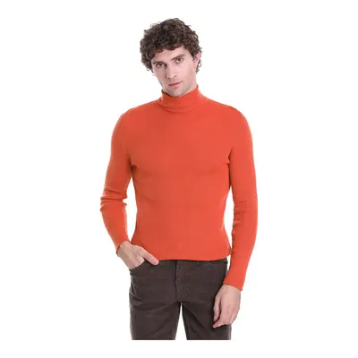 Turuncu Slim Fit Fitilli Balıkçı Yaka Yünlü Triko Kazak