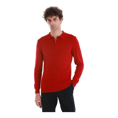 Kırmızı Regular Fit Jakarlı Polo Yaka Yünlü Triko Kazak