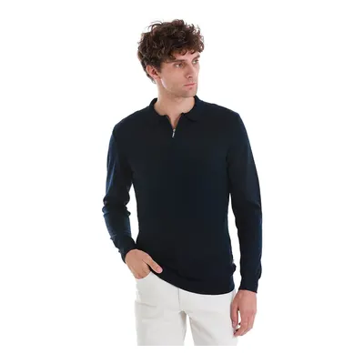 Lacivert Regular Fit Jakarlı Polo Yaka Yünlü Triko Kazak