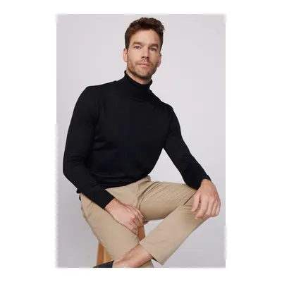 Siyah Erkek Slim Fit Tam Boğazlı Yaka Düz Yün Triko Kazak