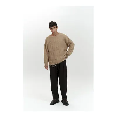 Mai Collection Bej Vincent Yırtık Detay Vizon Erkek Triko Kazak