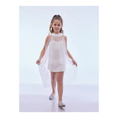 Ahengim Beyaz Kız Çocuk Pullu Pelerinli Trend Abiye Elbise Ak2244