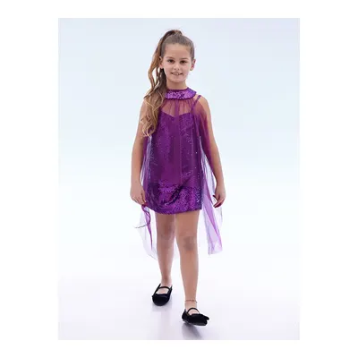 Ahengim Mor Kız Çocuk Pullu Pelerinli Trend Abiye Elbise Ak2244