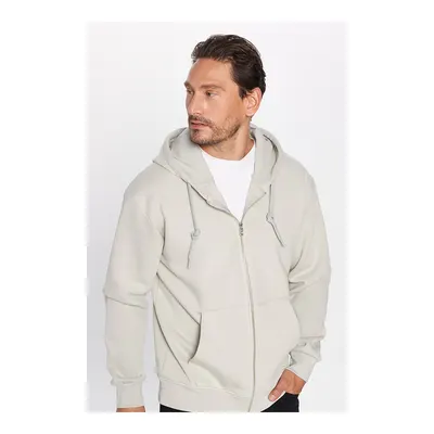 Bej Unisex Relax Fit Rahat Kesim Pamuklu İçi Polarlı Çift Cepli Taş Renk Kapüşonlu Fermuarlı Sweatshirt