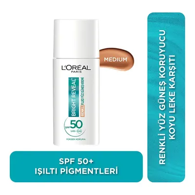 L'Oreal Paris Bright Reveal Spf 50+ Koyu Leke Karşıtı Renkli Fluid Günlük Yüz Güneş Kremi 50 Ml - Medium