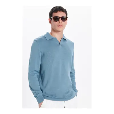 Erkek Standart Fit Normal Kesim Polo V Yaka İndigo Triko Kazak