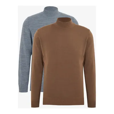 Erkek Vizon-Gri Melanj 2'li Paket Standart Fit Normal Kesim Yarım Balıkçı Yaka Basic Triko Kazak