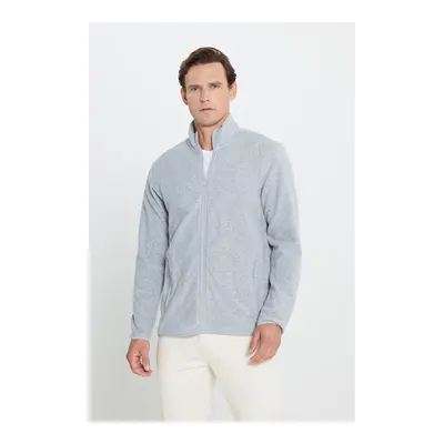 Erkek Gri Melanj Anti-pilling Tüylenme Yapmayan Standart Fit Bato Yaka Sweatshirt Polar Ceket