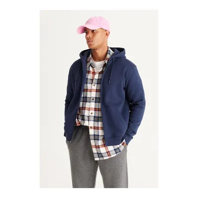 Lacivert Standart Fit Normal Kesim Kapüşonlu Erkek Fermuarlı Sweatshirt Hırka
