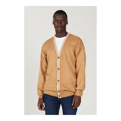 Erkek Karamel-ekru Standart Fit Normal Kesim V Yaka Triko Hırka