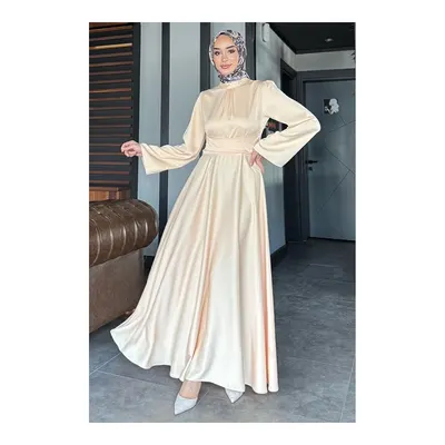 Julude Pembe Çapraz Bağlamalı Tesettür Saten Abiye Elbise
