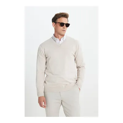Erkek Bej Melanj Standart Fit Normal Kesim V Yaka Triko Kazak
