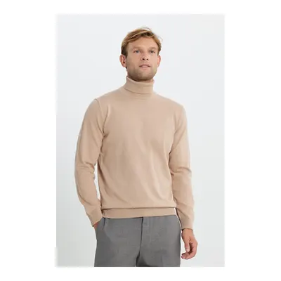 Erkek Bej Pamuklu Standart Fit Normal Kesim Tam Balıkçı Yaka Basic Triko Kazak