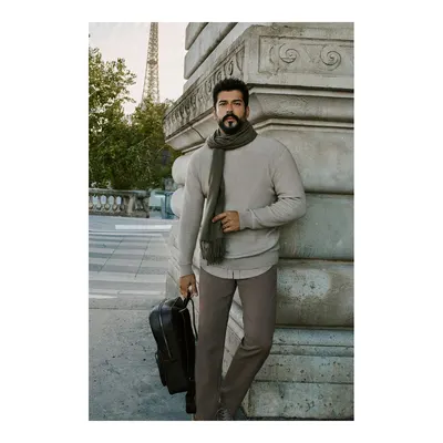 Erkek Ekru Pamuklu Standart Fit Normal Kesim Tam Balıkçı Yaka Basic Triko Kazak