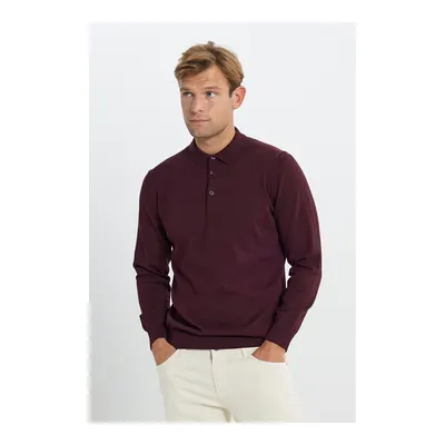 Erkek Bordo Pamuklu Standart Fit Normal Kesim Polo Yaka Triko Kazak