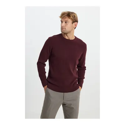 Erkek Bordo Pamuklu Standart Fit Normal Kesim Bisiklet Yaka Petek Dokulu Triko Kazak