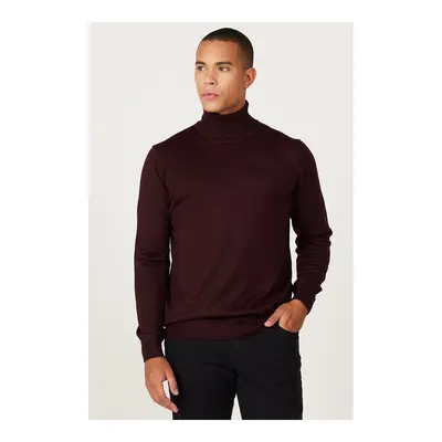 Erkek Bordo Standart Fit Normal Kesim Tam Balıkçı Yaka Triko Kazak