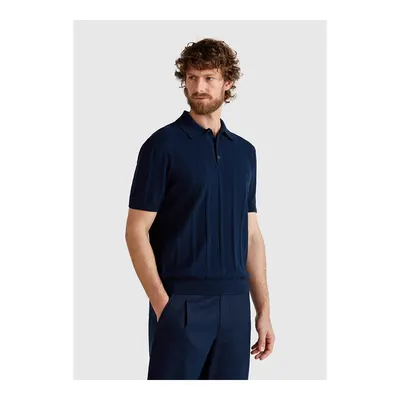 United Colors Of Benetton Erkek Lacivert Pamuk Karışımlı Kontrastlı Düğmeli Regular Fit Triko Polo Tişört