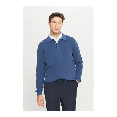 Erkek Mavi Pamuklu Standart Fit Normal Kesim Jakarlı Polo Yaka Triko Kazak