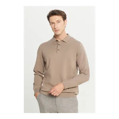 Erkek Vizon Pamuklu Standart Fit Normal Kesim Polo Yaka Triko Kazak