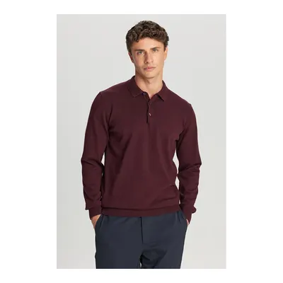 Erkek Bordo Pamuklu Standart Fit Normal Kesim Polo Yaka Triko Kazak