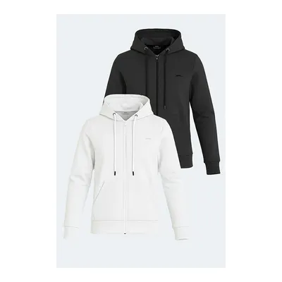SLAZENGER Katya 2'li Set Kadın Fermuarlı Kapüşonlu Cepli Beyaz - Siyah Sweatshirt