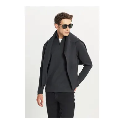 Erkek Antrasit-melanj Pamuklu Slim Fit Dar Kesim Bato Yaka Dokulu Triko Kazak
