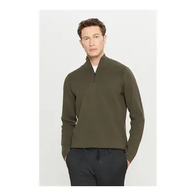 Erkek Haki Melanj Pamuklu Slim Fit Dar Kesim Bato Yaka Dokulu Triko Kazak