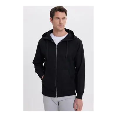 Unisex Relax Fit Rahat Kesim Pamuklu İçi Polarlı Çift Cepli Tam Fermuarlı Siyah Kapüşonlu Sweatshirt
