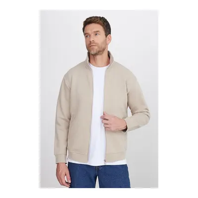 Bej Unisex Relax Fit Rahat Kesim Pamuklu İçi Polarlı Fermuarlı Taş Dik Yaka Flato Cepli Sweatshirt Hırka