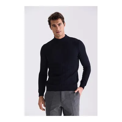 JAKAMEN Lacivert Slim Fit Yarım Balıkçı Desenli Triko Kazak