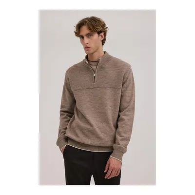 JAKAMEN Bej Kahve Slim Fit Fermuarlı Triko Kazak