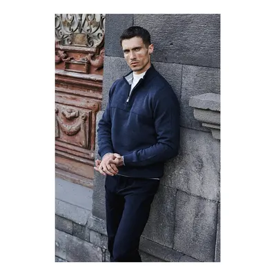 JAKAMEN İndigo Slim Fit Fermuarlı Triko Kazak