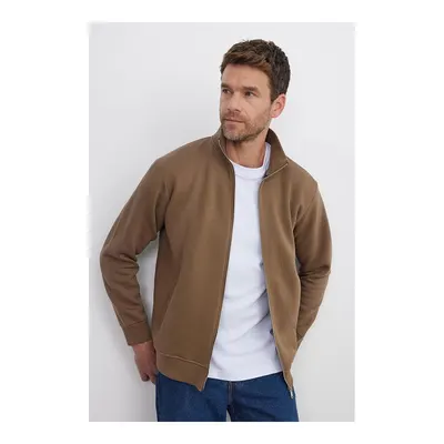 Unisex Relax Fit Rahat Kesim Pamuklu 3 İplik İçi Polarlı Fermuarlı Kahverengi Cepli Sweatshirt Hırka