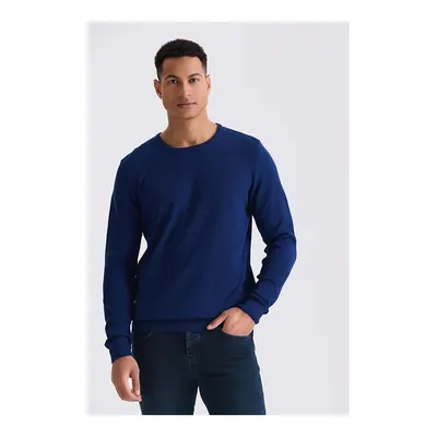 JAKAMEN İndigo Slim Fit Bisiklet Yaka Desenli Triko Kazak