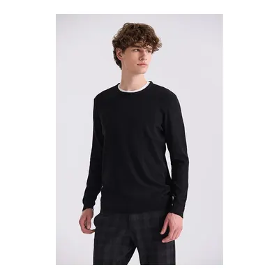 JAKAMEN Siyah Slim Fit Bisiklet Yaka Desenli Triko Kazak