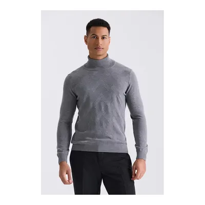 JAKAMEN Gri Slim Fit Tam Balıkçı Yaka Desenli Triko Kazak