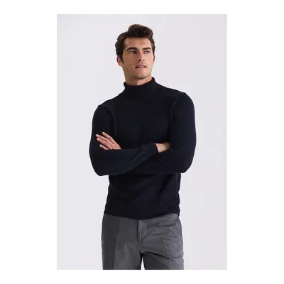 JAKAMEN Lacivert Slim Fit Tam Balıkçı Yaka Desenli Triko Kazak