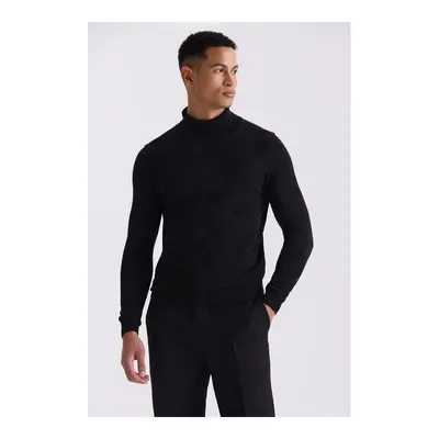 JAKAMEN Siyah Slim Fit Tam Balıkçı Yaka Desenli Triko Kazak