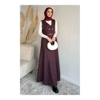 Julude Bordo Ekose Desenli Kemerli Tesettür Elbise