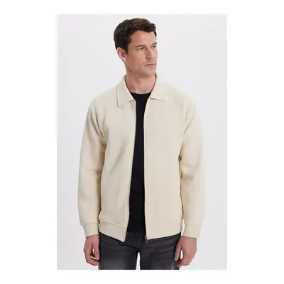 Unisex Relax Fit Rahat Kesim Pamuklu İç Polarlı Fermuarlı Bej Polo Yaka Flato Cepli Sweatshirt Hırka