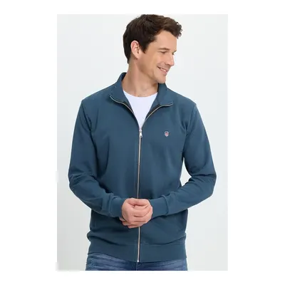 Erkek Slim Fit Dar Kesim Pamuklu Tam Fermuarlı Çift Cepli Dik Yaka Petrol Sweatshirt Hırka