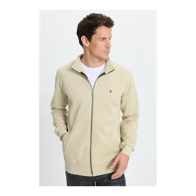 Ekru Erkek Slim Fit Dar Kesim Pamuklu Tam Fermuarlı Çift Cepli Dik Yaka Krem Sweatshirt Hırka